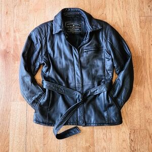 XS EXPRESS Women's Black Leather Belted Jacket + Free Leather gloves